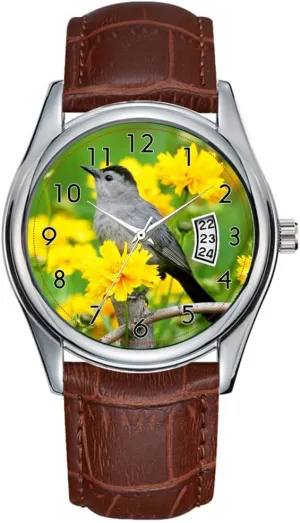 Clock Date completion Classic Business Brown Leather Christmas Wristwatch Gray Catbird on Wooden Fence Wristwatches Men Watch Casual Waterproof Quartz Watches 