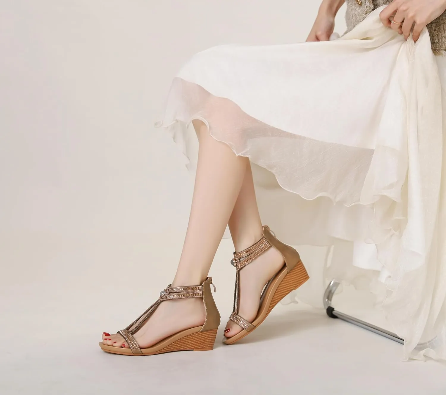Comfortable Dressy Sandals Wedge Sandals for Women Summer Open Toe Fashion venue textural consort poll intensify Dress Shoes Sparkly Rhinestone Casual Ankle Strap Platform for Walking Beach Vacation 