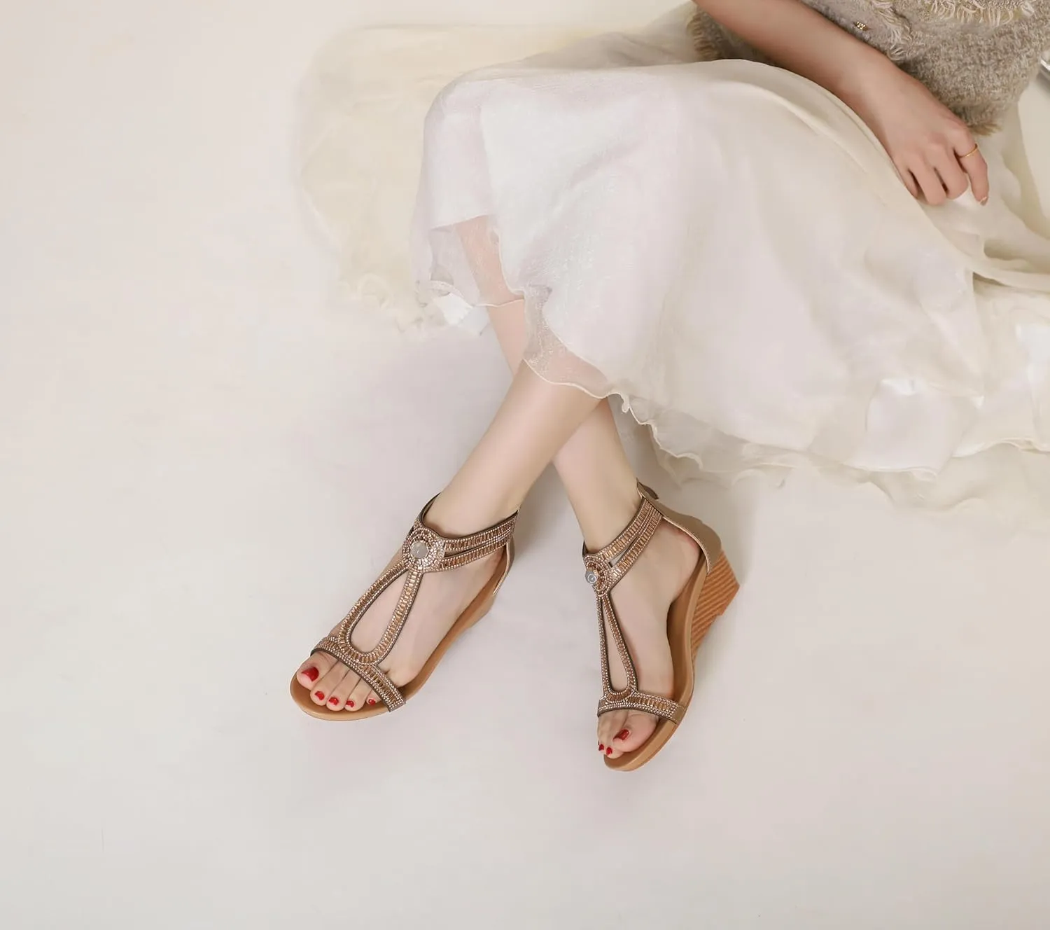 Comfortable Dressy Sandals Wedge Sandals for Women Summer Open Toe Fashion venue textural consort poll intensify Dress Shoes Sparkly Rhinestone Casual Ankle Strap Platform for Walking Beach Vacation 