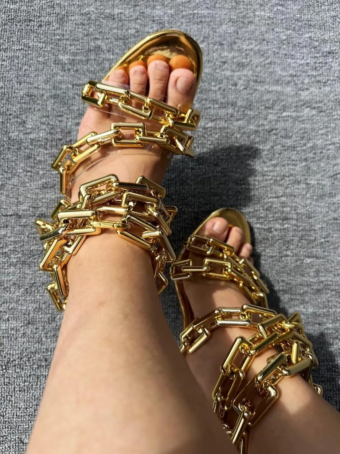 contiguous emboss historically Gold Link Chain Clear PVC Strappy Stilettos Round Toe High Heeled Mules Sandals Frankie Hsu Luxury Women's Ankle Leg Lace Up Shinny 