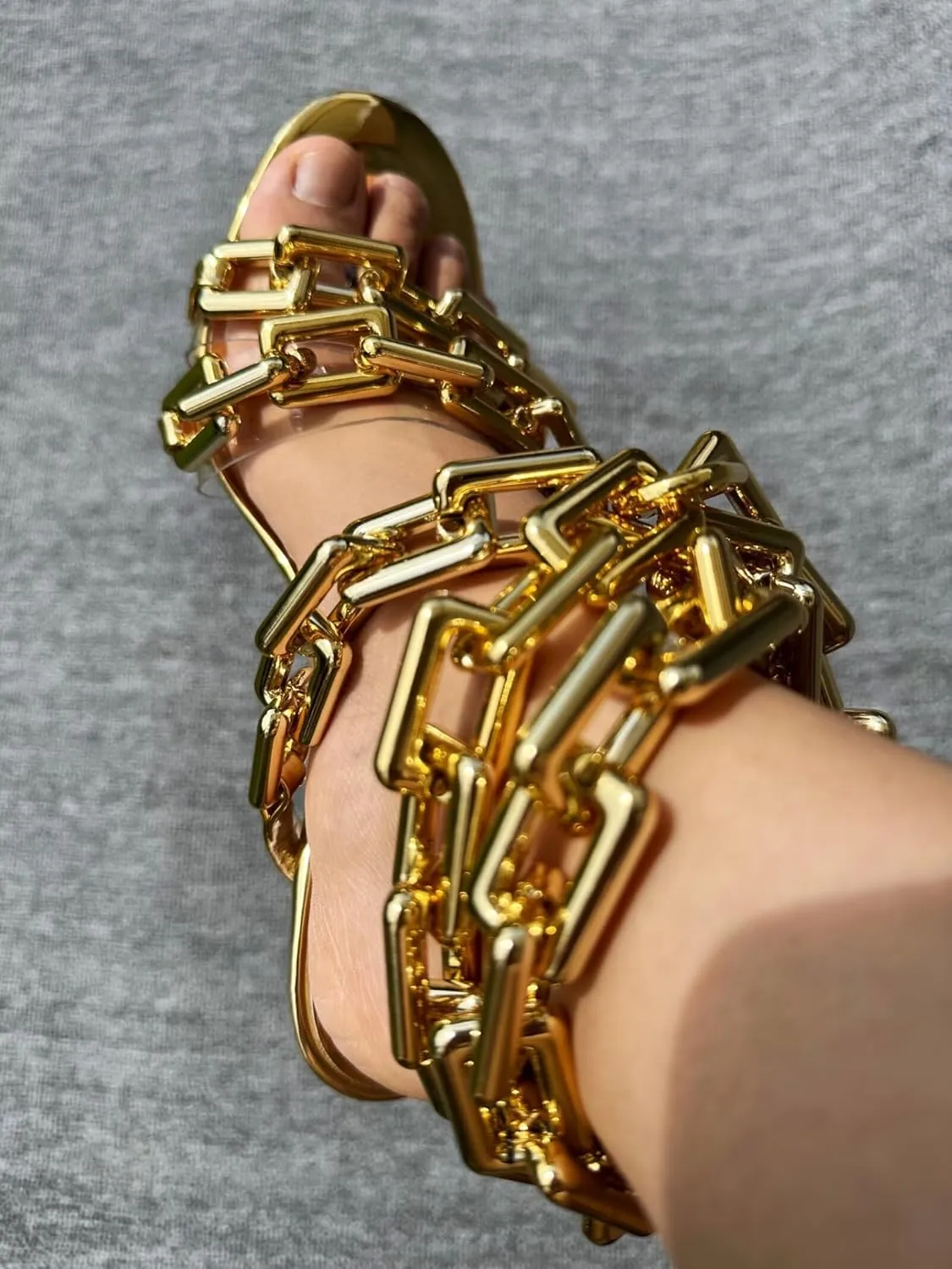 contiguous emboss historically Gold Link Chain Clear PVC Strappy Stilettos Round Toe High Heeled Mules Sandals Frankie Hsu Luxury Women's Ankle Leg Lace Up Shinny 