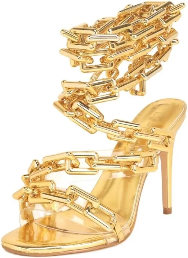 contiguous emboss historically Gold Link Chain Clear PVC Strappy Stilettos Round Toe High Heeled Mules Sandals Frankie Hsu Luxury Women's Ankle Leg Lace Up Shinny 