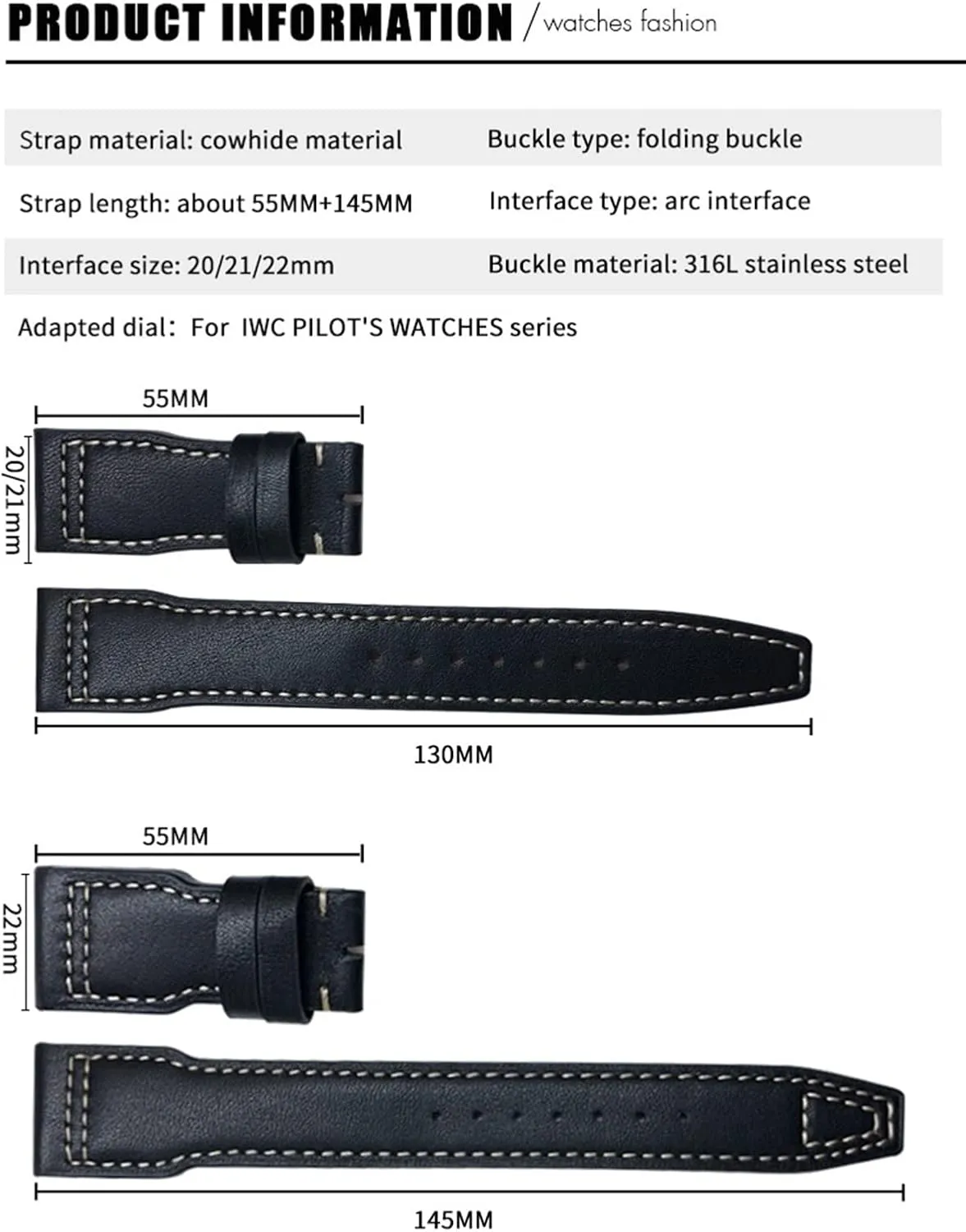 Cowhide Soft pinnacle Watch Strap 21mm Genuine Leather Watchband For IWC Big Pilot Watch Mark 18 Spitfire Hamilton 