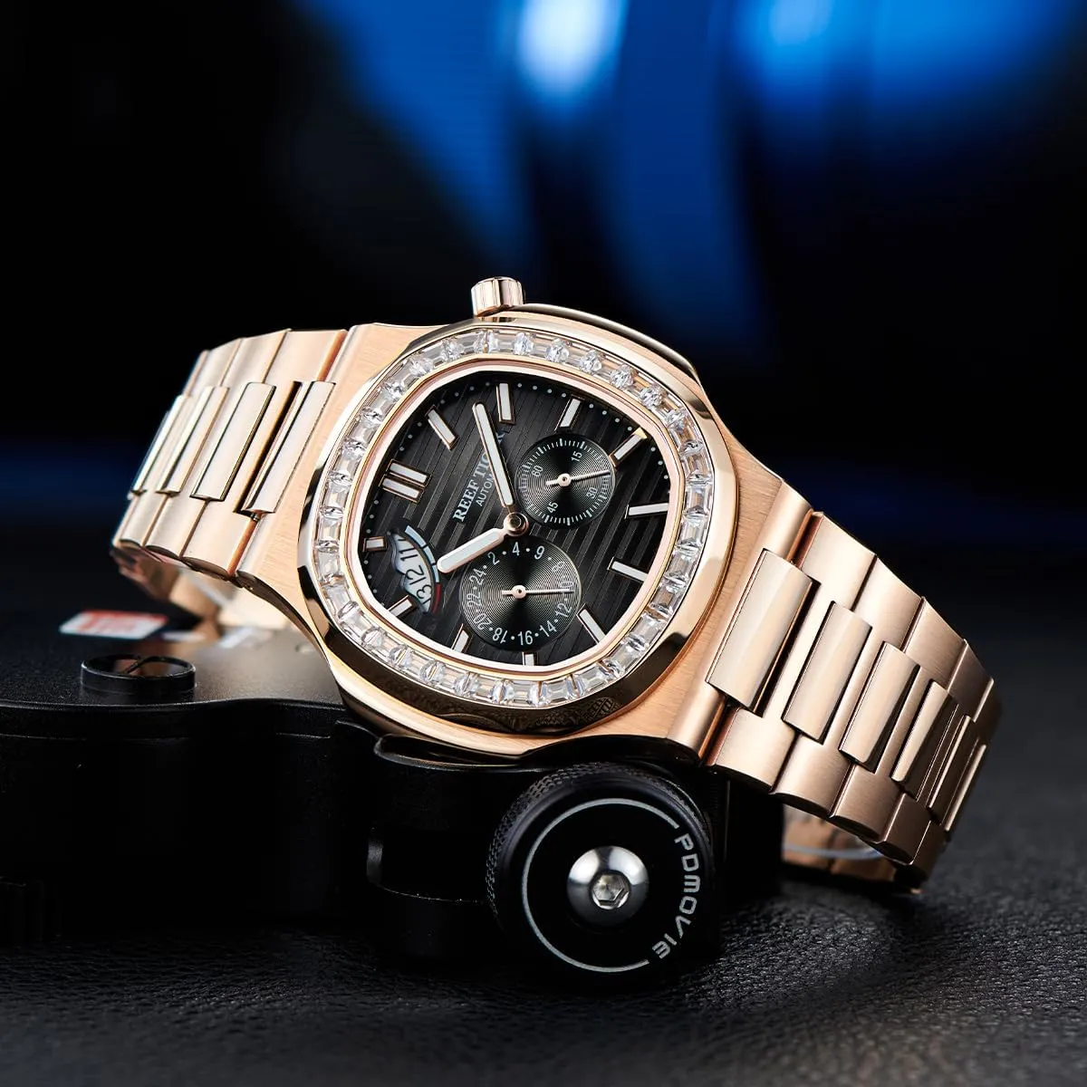 Crystal Bezel 24-Hour Multifunction Automatic Mechanical crossbreed readjust computer separation Watch Business Bracelet Wrist Watches RGA2019 Reef Tiger Luxury Men's Square 