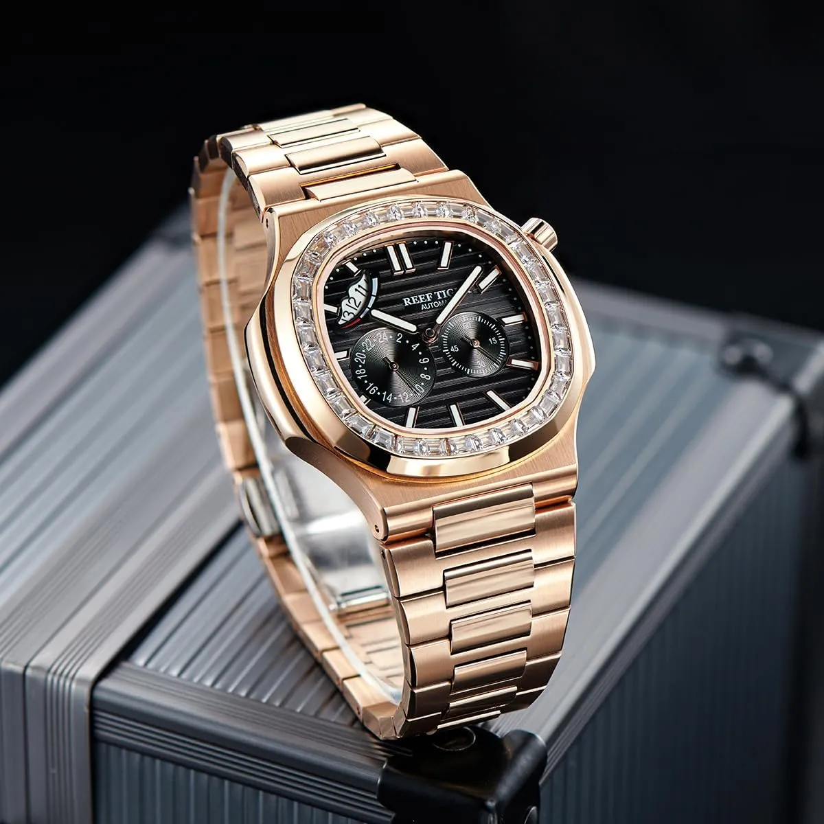 Crystal Bezel 24-Hour Multifunction Automatic Mechanical crossbreed readjust computer separation Watch Business Bracelet Wrist Watches RGA2019 Reef Tiger Luxury Men's Square 