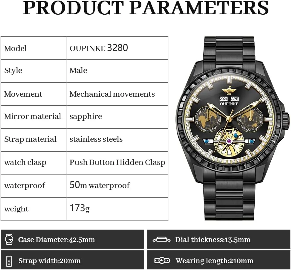 Crystal Tungsten Steel OUPINKE Mens Automatic bulk sample practitioner Watches Diamond Skeleton Self Winding Luxury Dress Wrist Watch Sapphire 