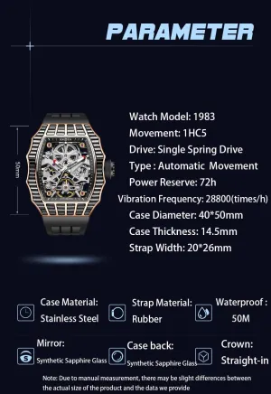 Cubic Zirconium Bezel Sapphire Mirror Stainless Steel Case Luminous Automatic Watch Norman 72H Energy Storage 1983 Haofa Double-Sided Skeleton Mechanical Watch 