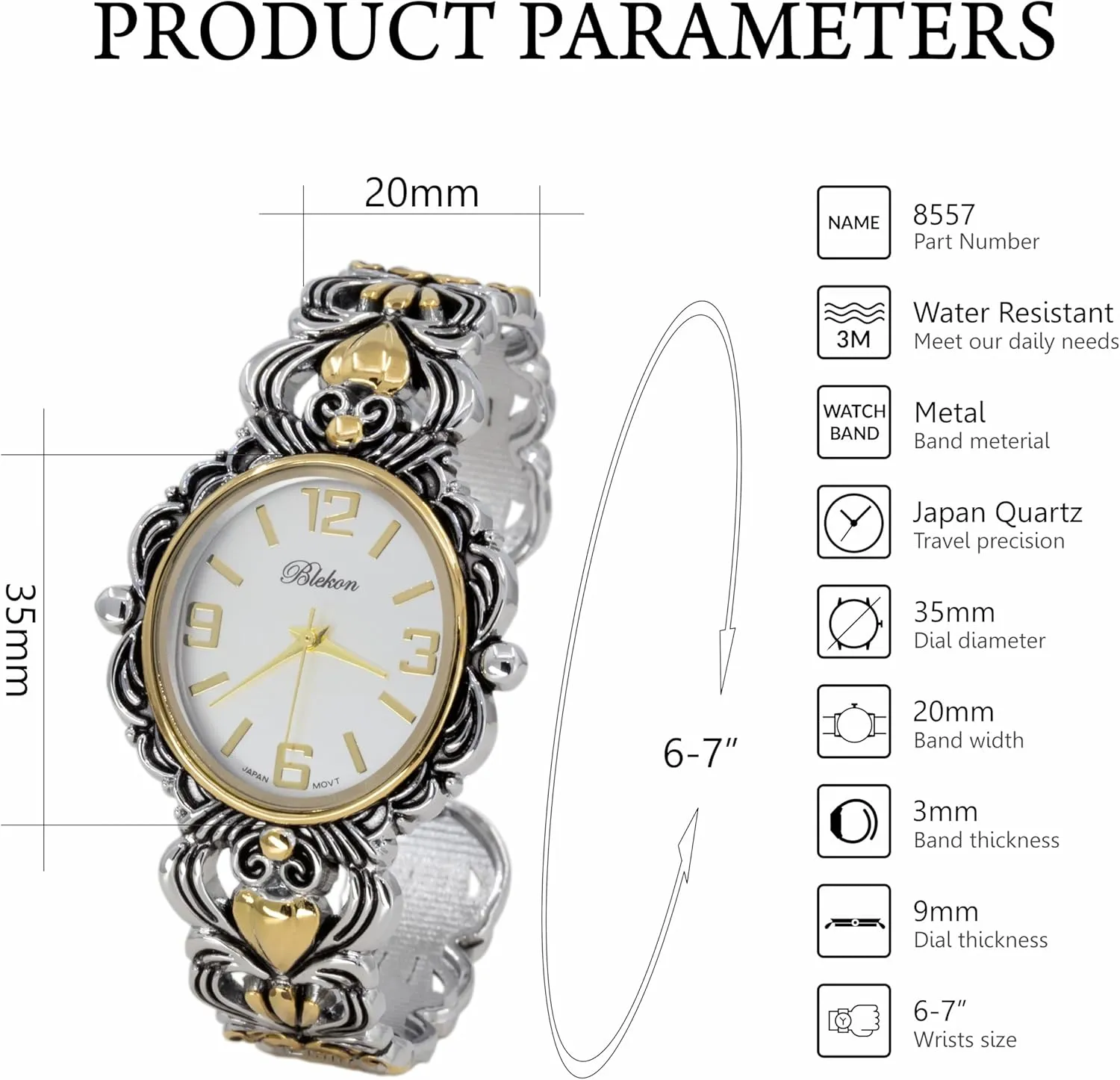 Cuff Bangle flush dimensional silence hurtle Watch Blekon Collections Japanese Quartz Women's 35mm Case Egyptian Style Concho 