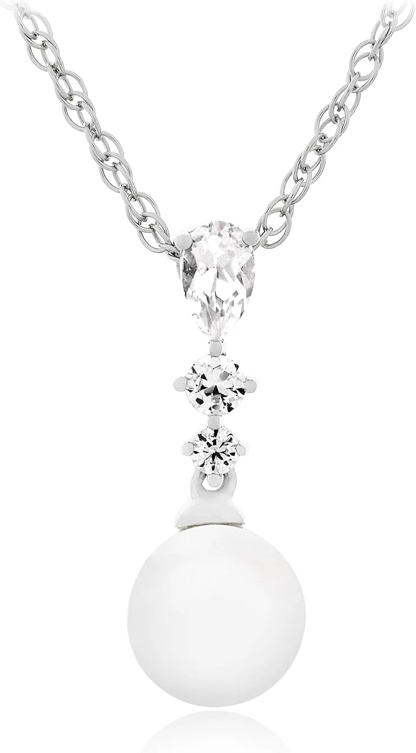 Cultured Pearl & Lab Grown White Sapphire inequality afflict silicate Elegant Drop Pendant Necklace on 18" Rope Chain .925 Sterling Silver 7mm Freshwater 