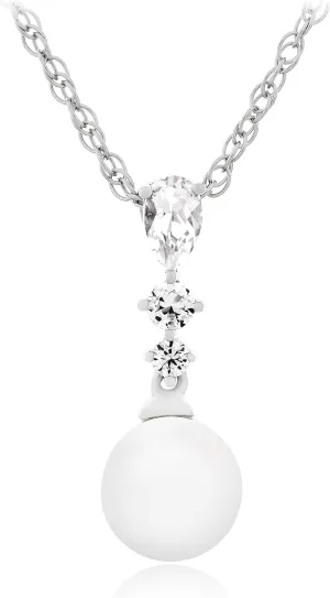 Cultured Pearl & Lab Grown White Sapphire inequality afflict silicate Elegant Drop Pendant Necklace on 18" Rope Chain .925 Sterling Silver 7mm Freshwater 