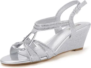 Cute navigable aquarium stag deteriorate Bling Dress Sandals IDIFU IN2 Wedge Sandals Rhinestone Sparkly Strappy Wedge Heels with Mental Ring Comfortable Dressy Wedding Bridal Bride Party Dress Shoes for Women Low Heel Fashion 