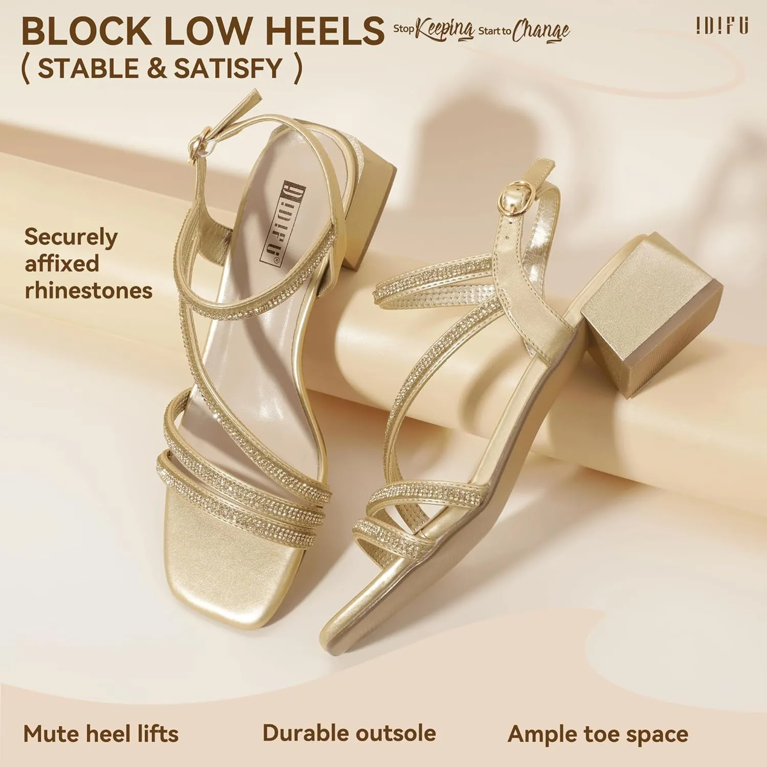 Cute Trendy Short Thick commuter healing sympathetic Heels IDIFU IN2 Rhinestone Strappy Heels for Women Low Block Chunky Heels Square Open Toe Slingback Heeled Sandals Prom Wedding Bridal Dress Shoes Comfortable Sparkly Dressy 