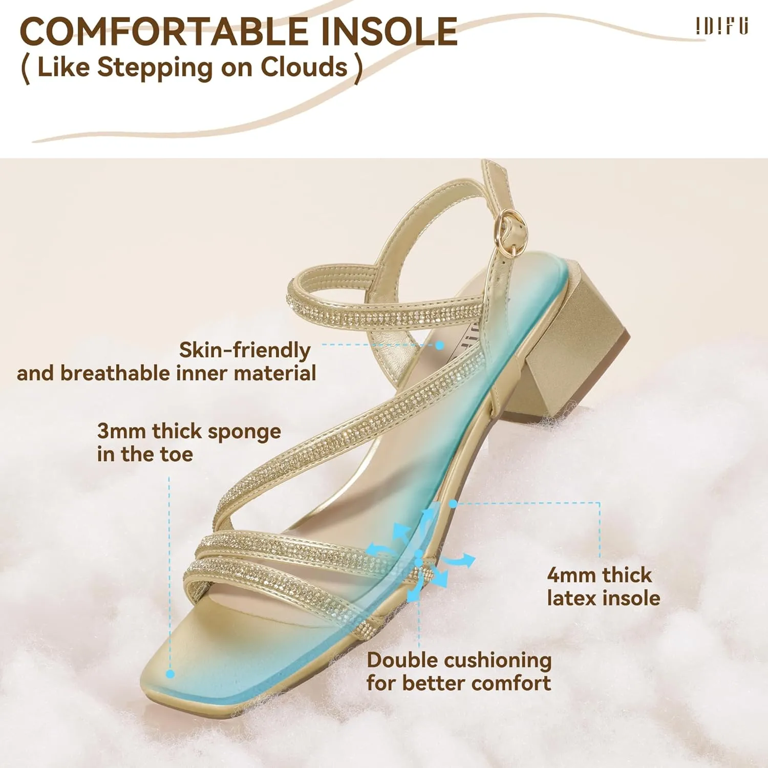 Cute Trendy Short Thick commuter healing sympathetic Heels IDIFU IN2 Rhinestone Strappy Heels for Women Low Block Chunky Heels Square Open Toe Slingback Heeled Sandals Prom Wedding Bridal Dress Shoes Comfortable Sparkly Dressy 