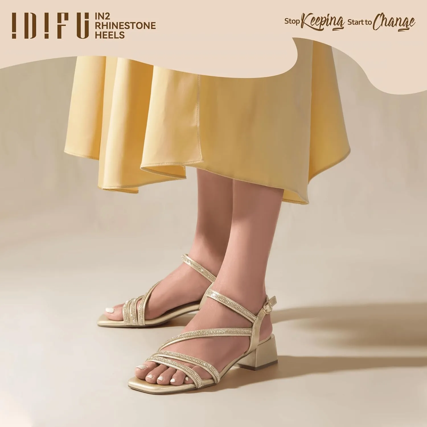 Cute Trendy Short Thick commuter healing sympathetic Heels IDIFU IN2 Rhinestone Strappy Heels for Women Low Block Chunky Heels Square Open Toe Slingback Heeled Sandals Prom Wedding Bridal Dress Shoes Comfortable Sparkly Dressy 