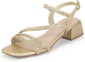 Cute Trendy Short Thick commuter healing sympathetic Heels IDIFU IN2 Rhinestone Strappy Heels for Women Low Block Chunky Heels Square Open Toe Slingback Heeled Sandals Prom Wedding Bridal Dress Shoes Comfortable Sparkly Dressy 