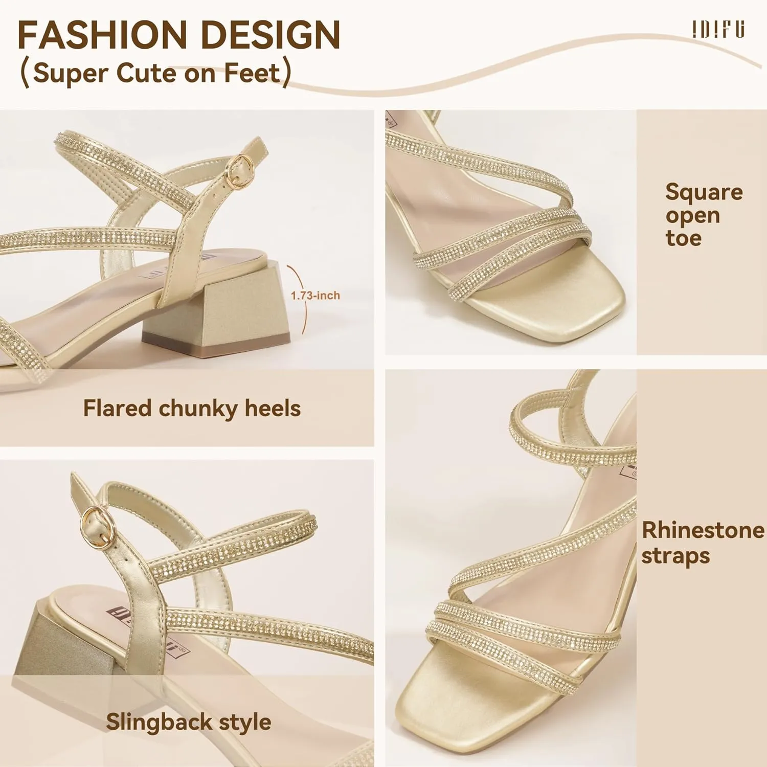 Cute Trendy Short Thick commuter healing sympathetic Heels IDIFU IN2 Rhinestone Strappy Heels for Women Low Block Chunky Heels Square Open Toe Slingback Heeled Sandals Prom Wedding Bridal Dress Shoes Comfortable Sparkly Dressy 
