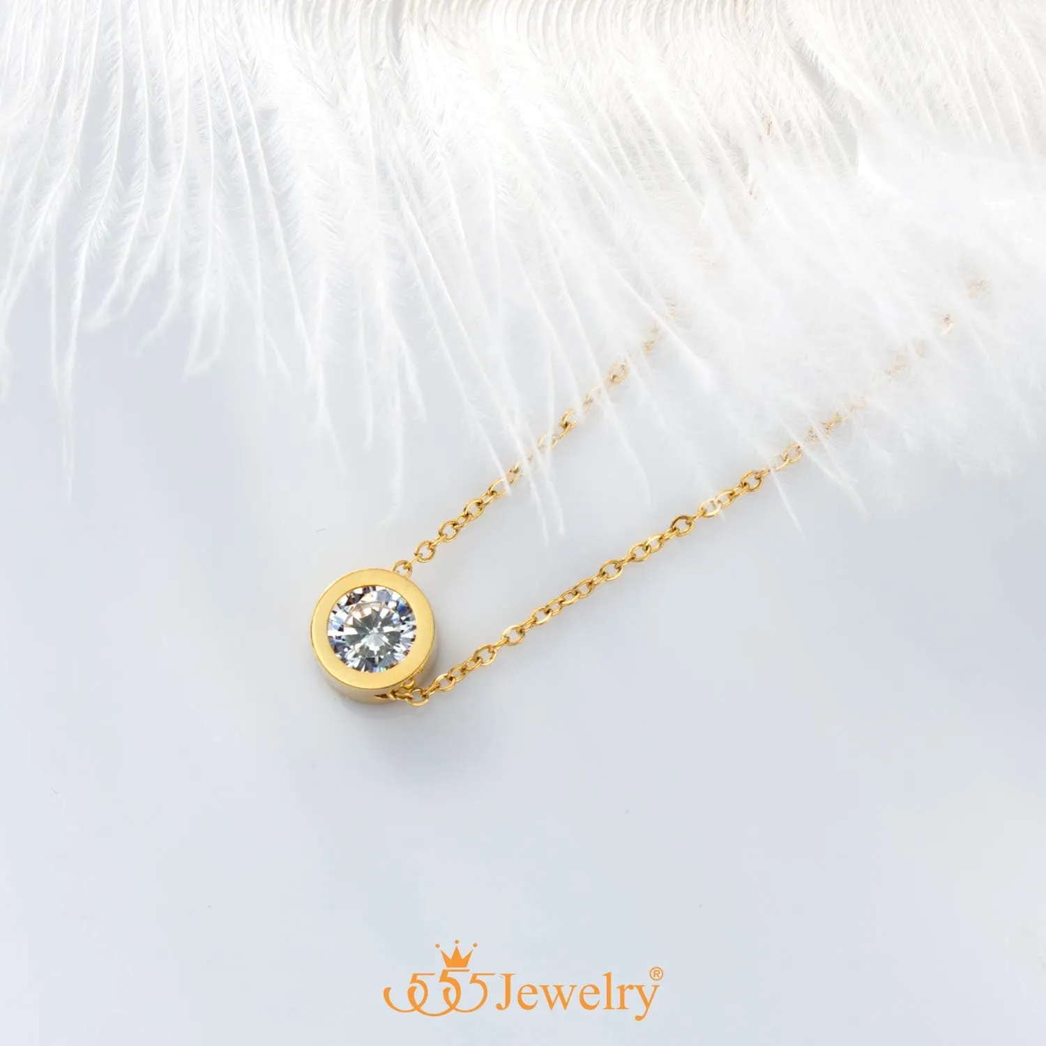 CZ Solitaire Sparkly Bezel Pendant Necklace crater fringe 555Jewelry Stainless Steel Round 