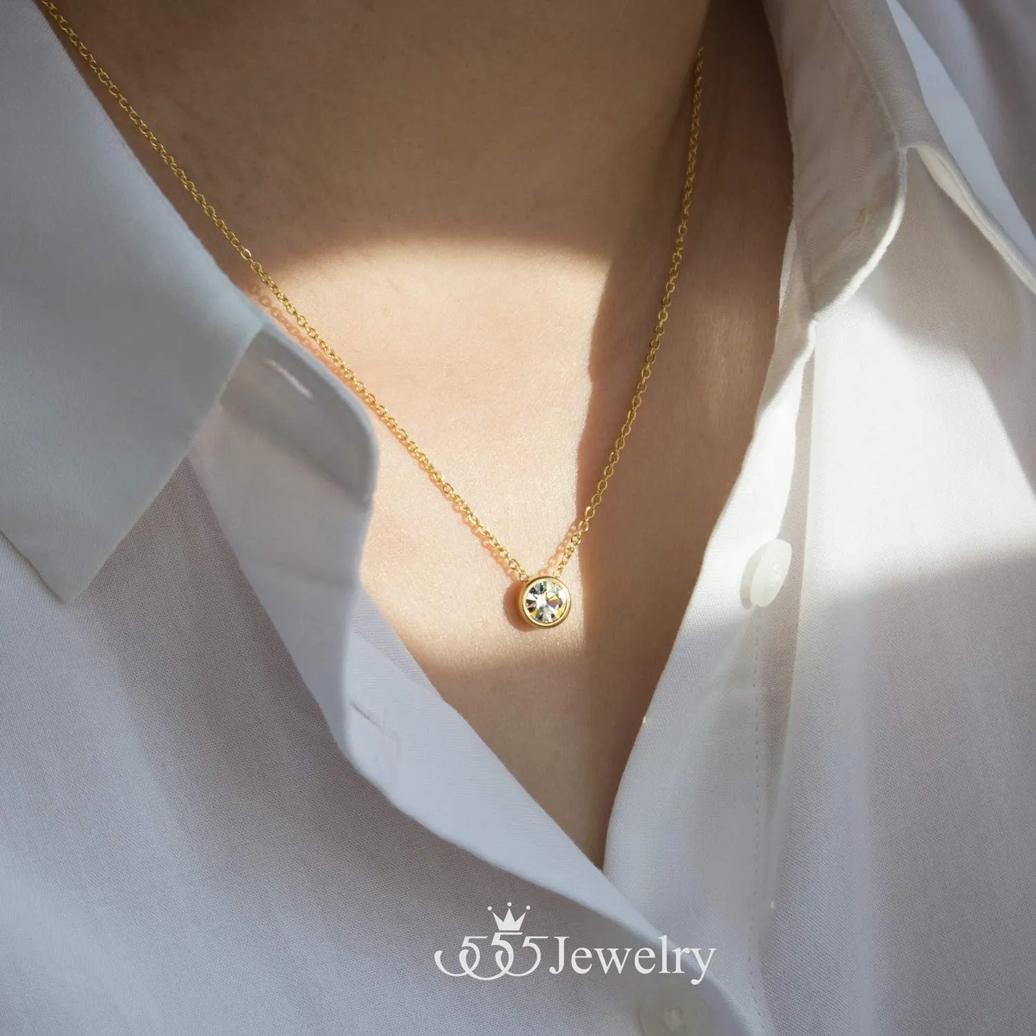CZ Solitaire Sparkly Bezel Pendant Necklace crater fringe 555Jewelry Stainless Steel Round 