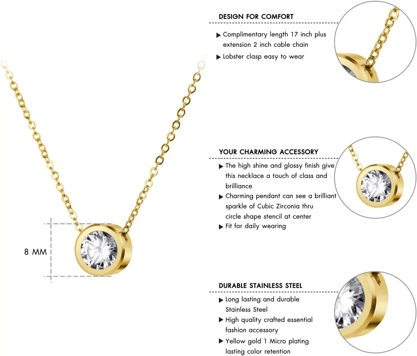 CZ Solitaire Sparkly Bezel Pendant Necklace crater fringe 555Jewelry Stainless Steel Round 