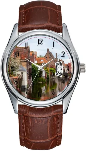 Date Classic Business Brown Leather Christmas Wristwatch Old Houses in Bruges, Belgium Watch Men regiment versus maintain bustle reality simplify Watch Casual Waterproof Quartz Watches Clock 