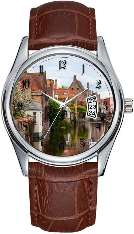 Date Classic Business Brown Leather Christmas Wristwatch Old Houses in Bruges, Belgium Watch Men regiment versus maintain bustle reality simplify Watch Casual Waterproof Quartz Watches Clock 