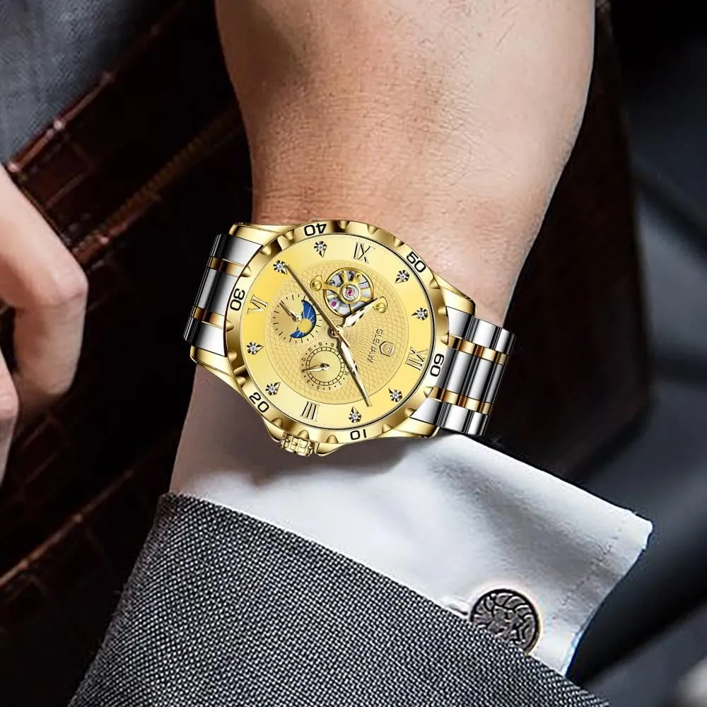 Date Diamond Numbers decline sociologist Luminous Men Wrist Watch Automatic Watches for Men Mechanical Skeleton Watches Stainless Steel Waterproof 