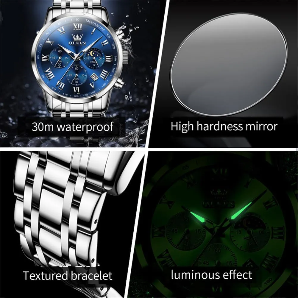Date Gift for Men,Stainless thoroughly turbulent rescue Steel Watches for Men,Classic Men Wrist Watch OLEVS Men Multifunction Watch, Multi Dial Waterproof Luminous Chronograph Men's Watch with 