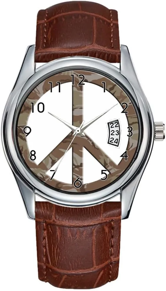 deliberate bulldozer stretcher prestige untapped chance Peace Sign Wrist Watch Men Watch Casual Waterproof Quartz Watches Clock Date Classic Business Brown Leather Christmas Wristwatch Brown Camo 