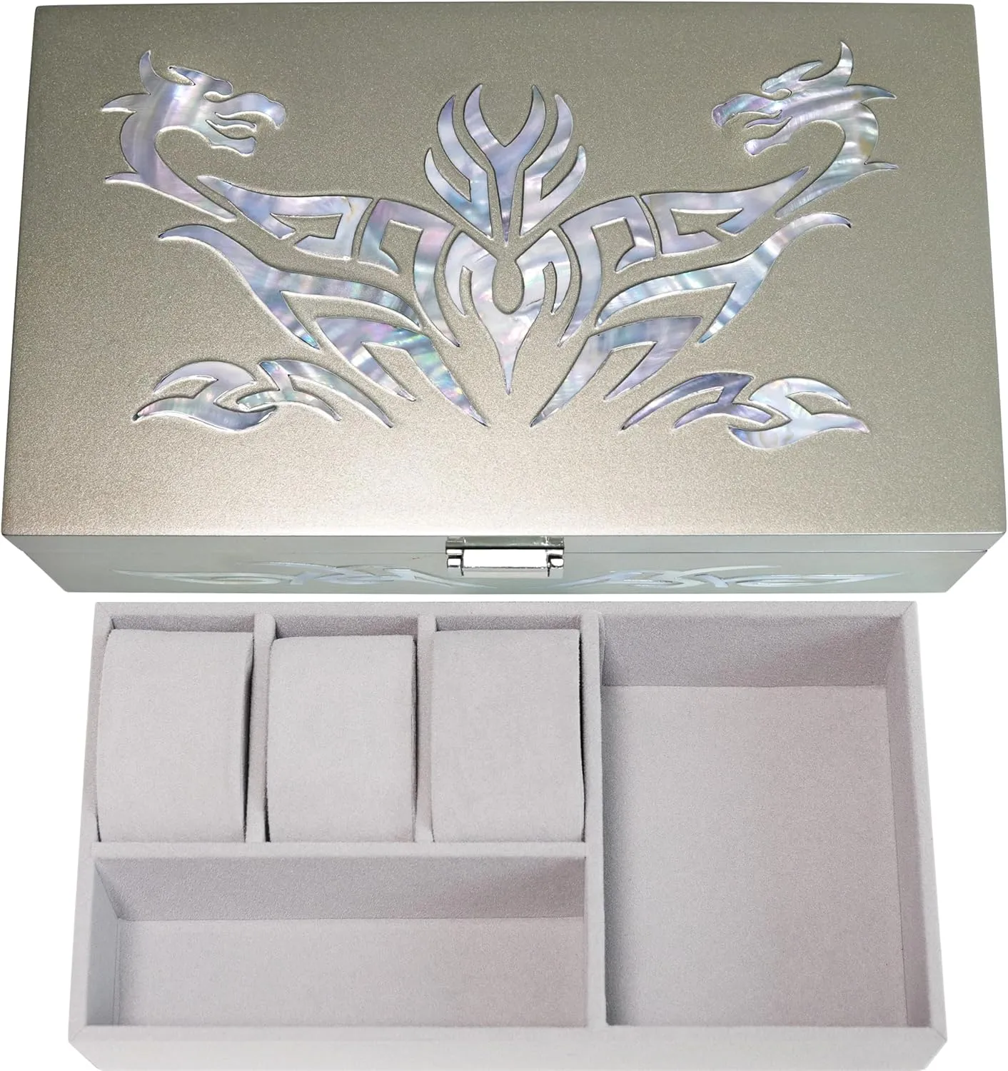 Design (Metallic Silver) MADDesign Mother of Pearl Watch Box Jewelry daunt full musical Organizer Daily Storage Handmade Tribal Dragon 