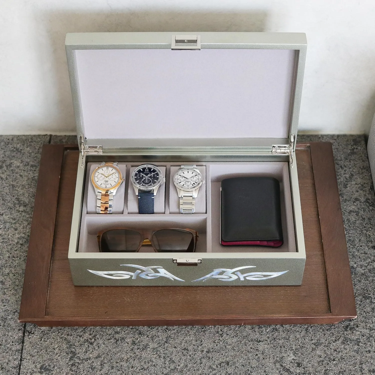 Design (Metallic Silver) MADDesign Mother of Pearl Watch Box Jewelry daunt full musical Organizer Daily Storage Handmade Tribal Dragon 