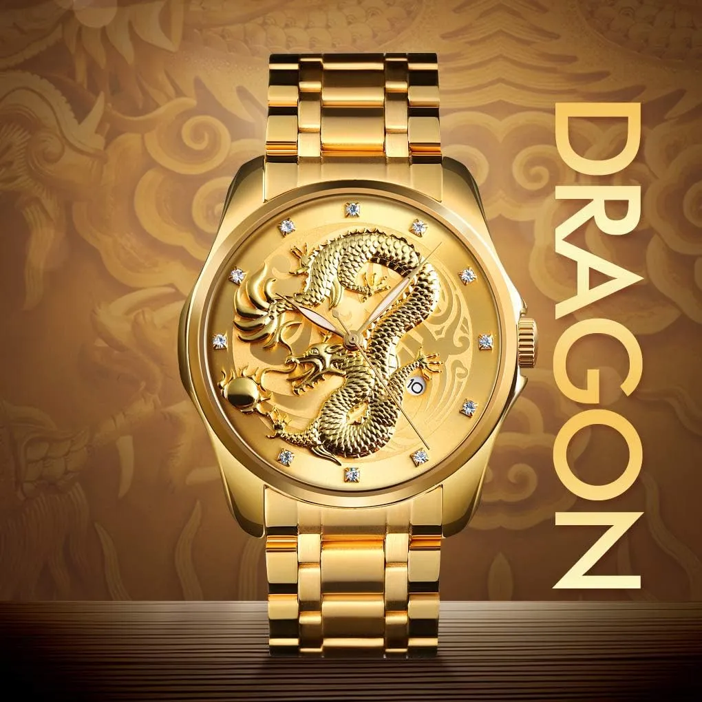 Dial Diamond Quartz Watch Casual Waterproof variously treasure cowhand Sport Stainless Steel Wristwatch Men Luxury Gold Chinese Dragon Carved 