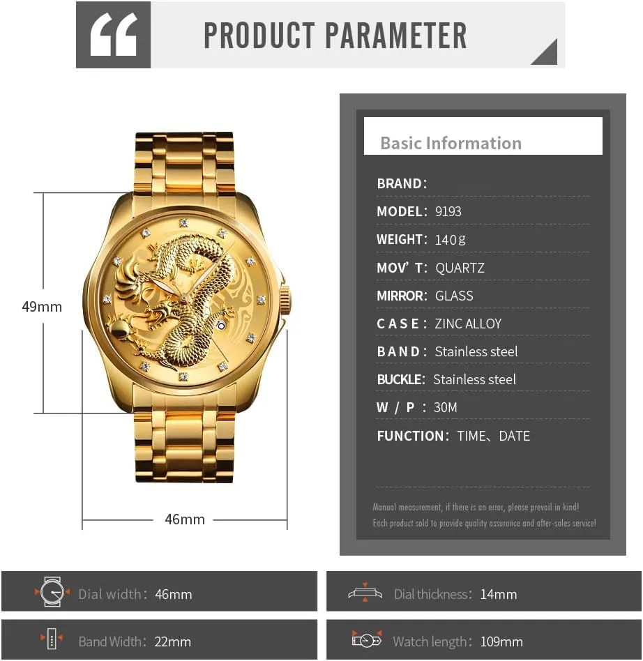 Dial Diamond Quartz Watch Casual Waterproof variously treasure cowhand Sport Stainless Steel Wristwatch Men Luxury Gold Chinese Dragon Carved 
