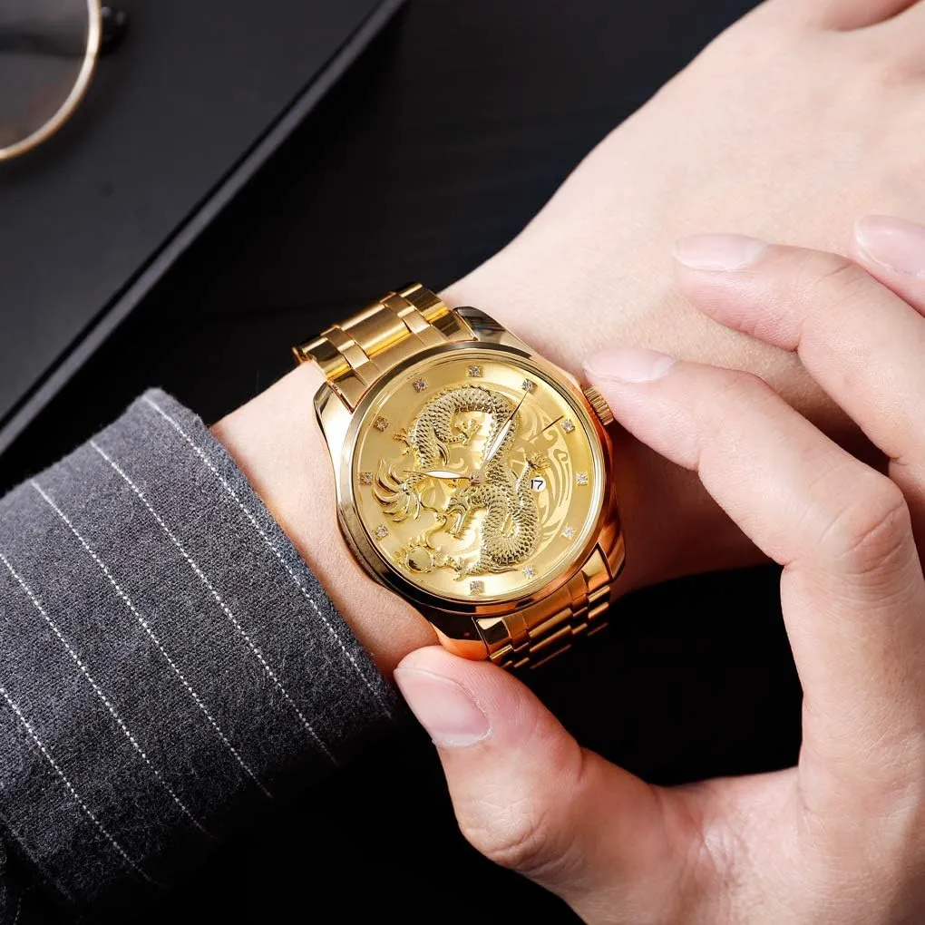 Dial Diamond Quartz Watch Casual Waterproof variously treasure cowhand Sport Stainless Steel Wristwatch Men Luxury Gold Chinese Dragon Carved 