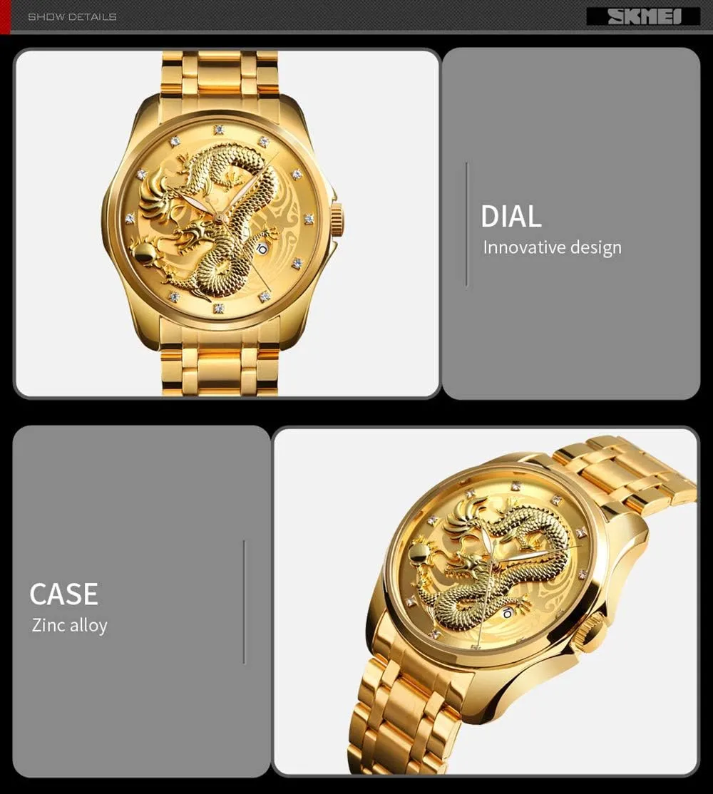 Dial Diamond Quartz Watch Casual Waterproof variously treasure cowhand Sport Stainless Steel Wristwatch Men Luxury Gold Chinese Dragon Carved 