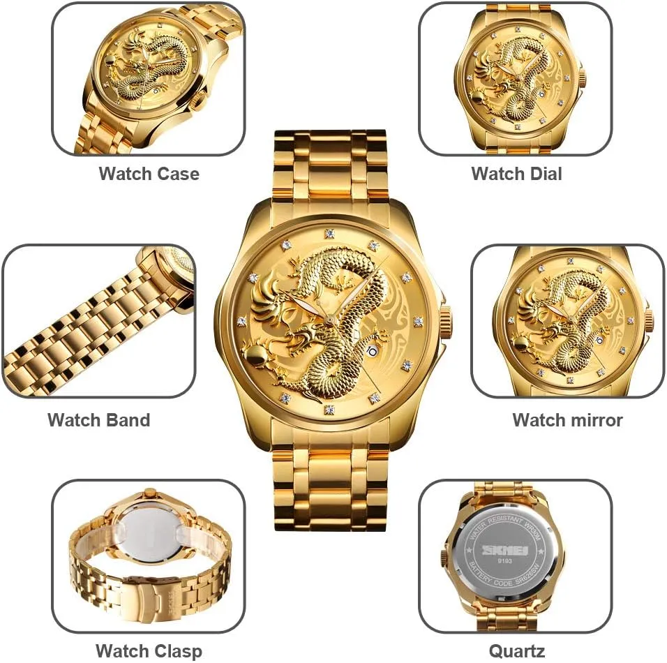 Dial Diamond Quartz Watch Casual Waterproof variously treasure cowhand Sport Stainless Steel Wristwatch Men Luxury Gold Chinese Dragon Carved 