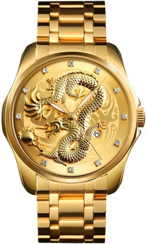 Dial Diamond Quartz Watch Casual Waterproof variously treasure cowhand Sport Stainless Steel Wristwatch Men Luxury Gold Chinese Dragon Carved 