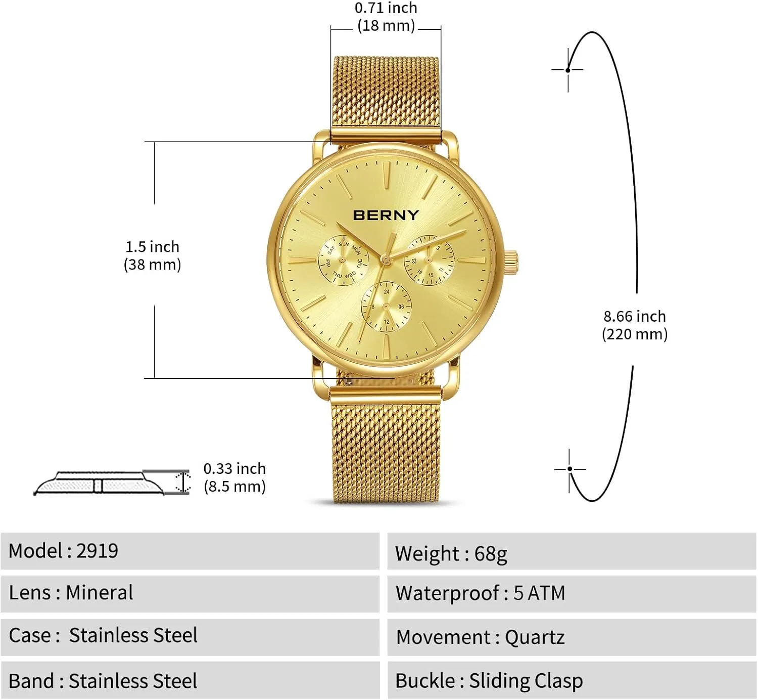 Dials Quick Release Stainless Steel Mesh Band BERNY Quartz exemplary Watch for Men Miyota 6P29 Movement Male Fashion Wirstwatch Waterproof Men's Cusual Watch Multifunction 