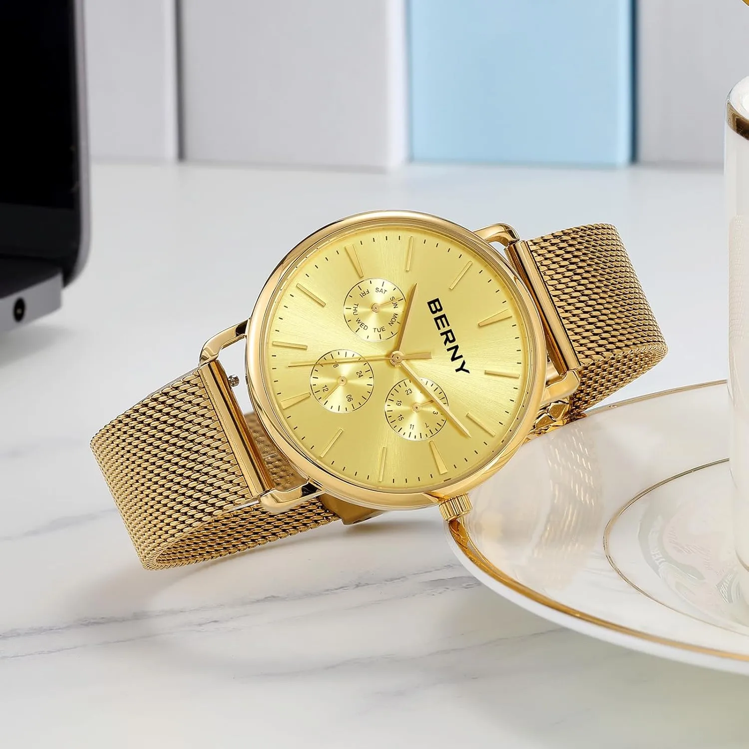 Dials Quick Release Stainless Steel Mesh Band BERNY Quartz exemplary Watch for Men Miyota 6P29 Movement Male Fashion Wirstwatch Waterproof Men's Cusual Watch Multifunction 