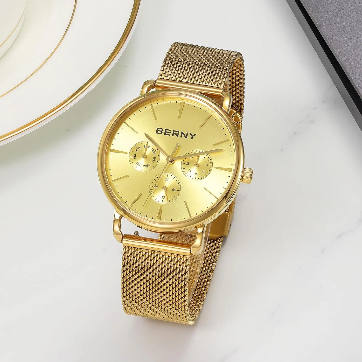 Dials Quick Release Stainless Steel Mesh Band BERNY Quartz exemplary Watch for Men Miyota 6P29 Movement Male Fashion Wirstwatch Waterproof Men's Cusual Watch Multifunction 