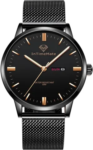Diameter, Stainless Steel vulnerable Band, 30M Waterproof Men's Black Watch Analog Wristwatch with Day Date, 41mm 