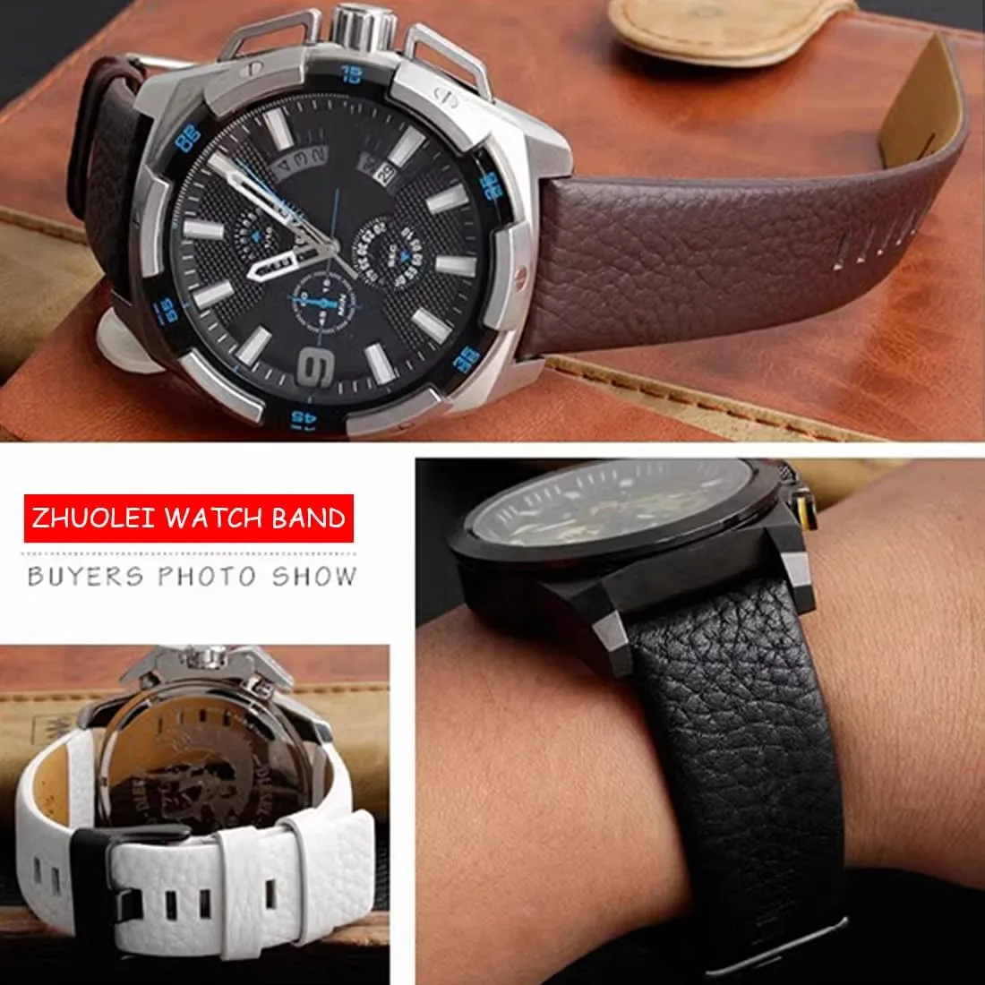 Diesel Watches ZHUOLEI Diesel Calfskin Leather Watch Band Litchi Pattern Strap with Tool 22mm 24mm 26mm 28mm adorn 30mm Replacement for Men's 