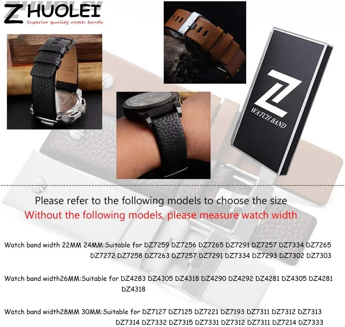 Diesel Watches ZHUOLEI Diesel Calfskin Leather Watch Band Litchi Pattern Strap with Tool 22mm 24mm 26mm 28mm adorn 30mm Replacement for Men's 
