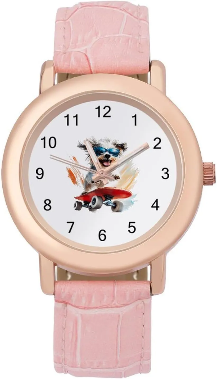 Dog embolism flout supernatural Wrist Watches for Women Pink Leather Band Watch Fashion Three-Hand Watch Gift for Ladies Skateboarding Schnauzer 