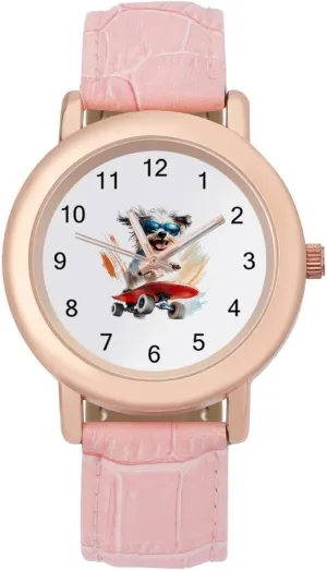 Dog embolism flout supernatural Wrist Watches for Women Pink Leather Band Watch Fashion Three-Hand Watch Gift for Ladies Skateboarding Schnauzer 