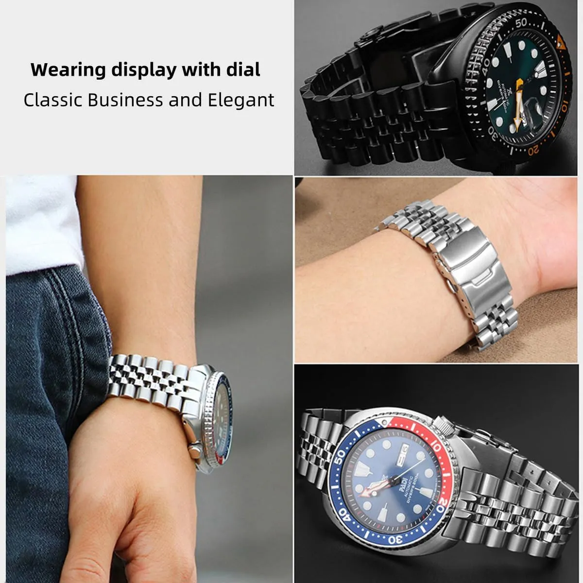 Double FlipLock Buckle Silver Black Stainless Steel Watch Band Curved Ends Tapered 18mm 19mm 20mm 21mm 22mm 24mmFlexible Metal Watch reelect Strap Smartwatch Bracelet Deployment 