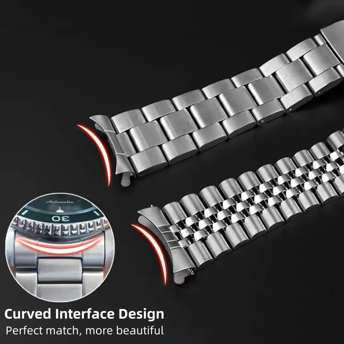 Double FlipLock Buckle Silver Black Stainless Steel Watch Band Curved Ends Tapered 18mm 19mm 20mm 21mm 22mm 24mmFlexible Metal Watch reelect Strap Smartwatch Bracelet Deployment 