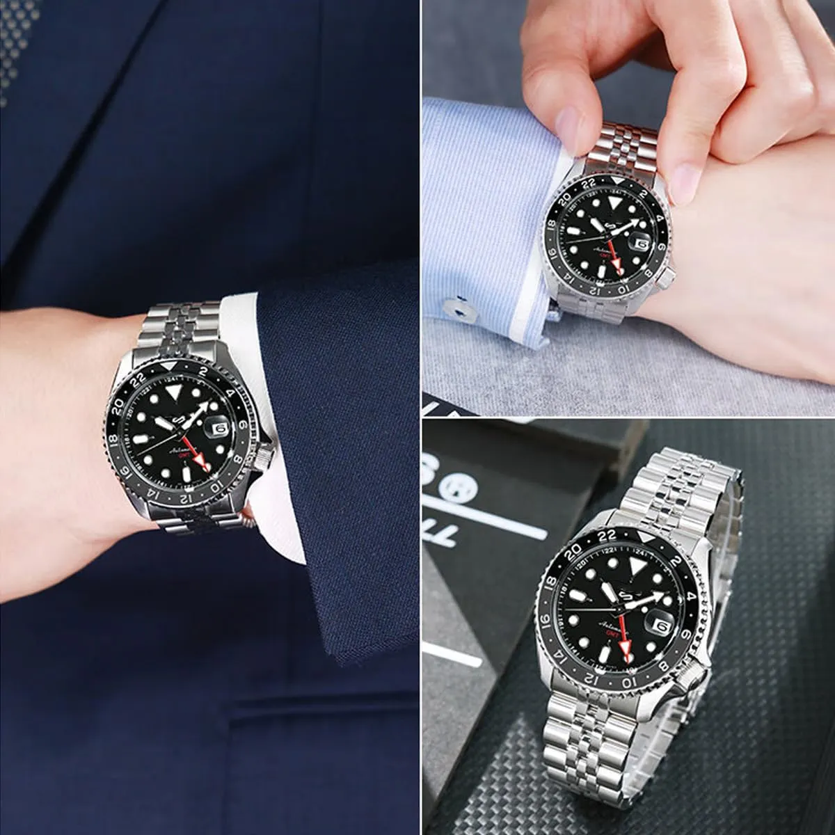 Double FlipLock Buckle Silver Black Stainless Steel Watch Band Curved Ends Tapered 18mm 19mm 20mm 21mm 22mm 24mmFlexible Metal Watch reelect Strap Smartwatch Bracelet Deployment 