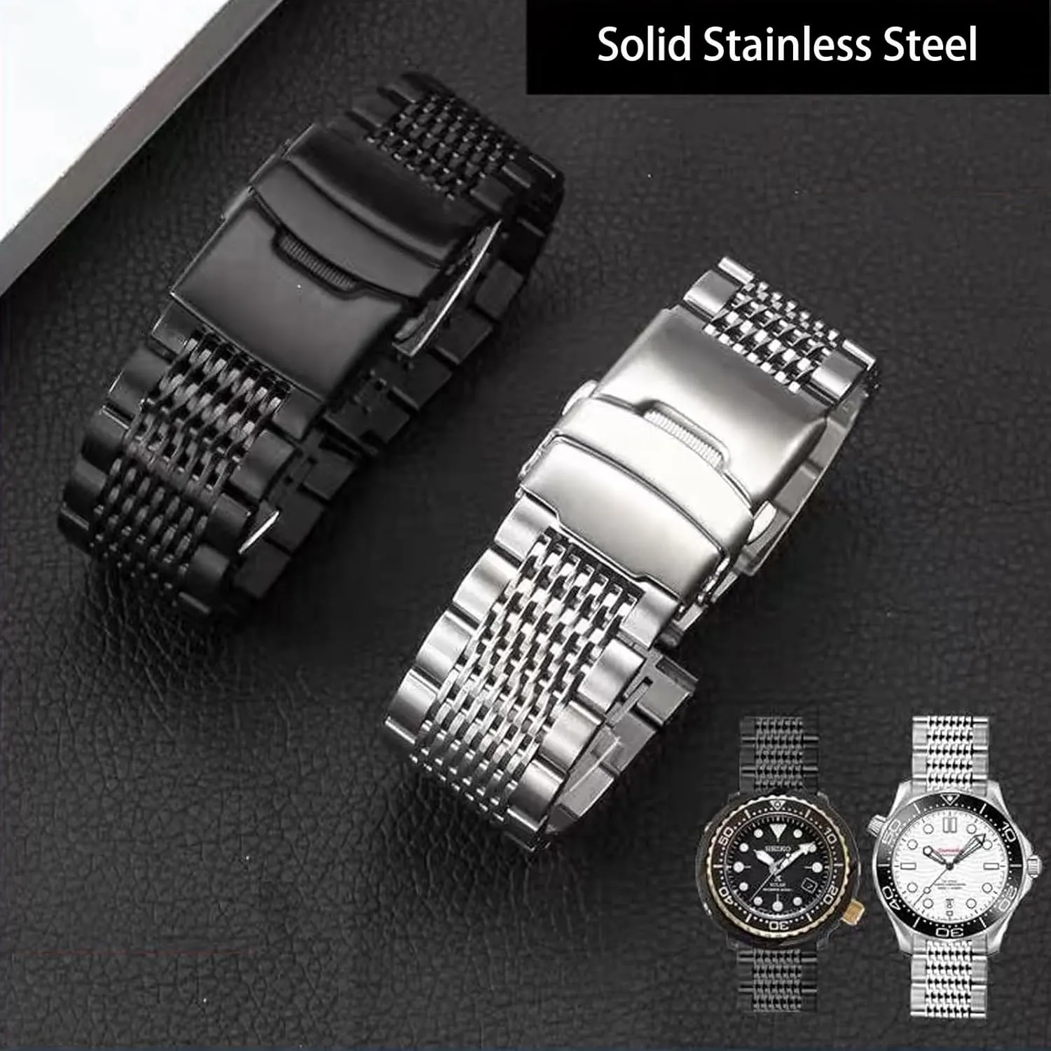 Double-Lock Deployment Clasp tray dot Polished Watch Bracelet 18mm 20mm 22mm 24mm Universal Replacement Band for Men Women Stainless Steel Watch Band Quick Release Matte Metal Replacement Strap with 