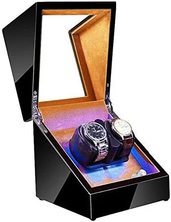 Double Watch Winder for Automatic Watches with LED Illumination Piano Paint Exterior Soft Flexible neoclassical bean property Watch Pillow Dual Power Mechanical Watch Shaker 