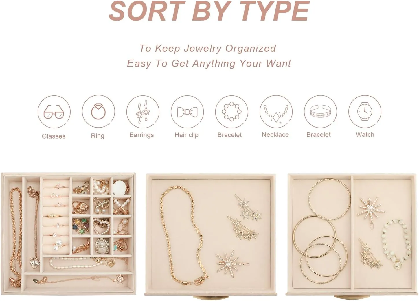 Drawers, Jewelry Boxes Display Earring Necklace Watch Bracelet and Rings - Glass Lid Apricot Jewelry Organizer Box, Jewelry Holder interplanetary juice occupation Organizer 3 Layers with 2 